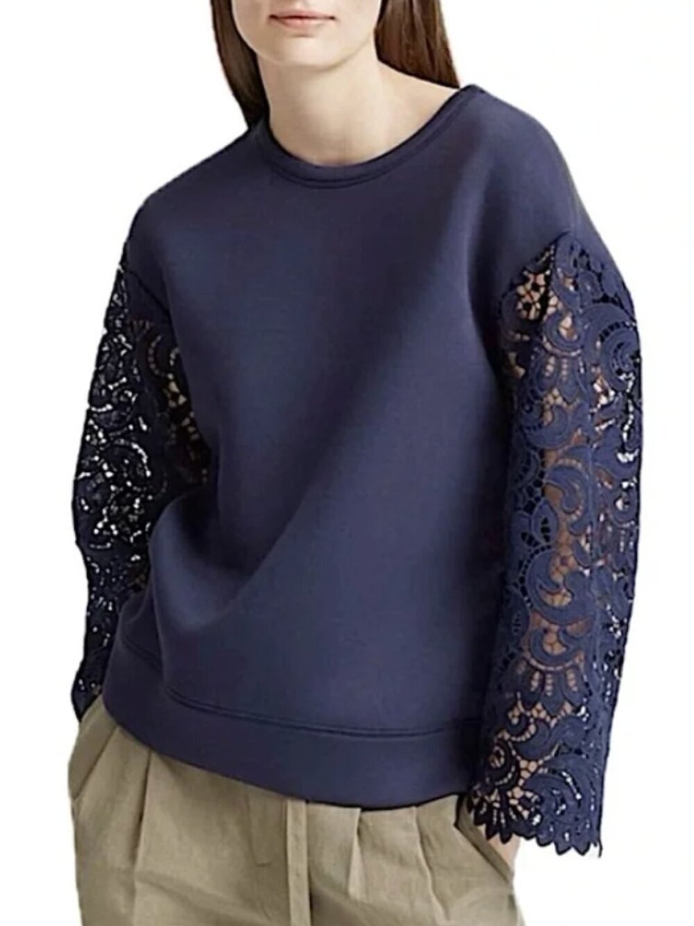 Club Monaco Khulan Lace Sleeve Sweatshirt in Navy Blue Medium